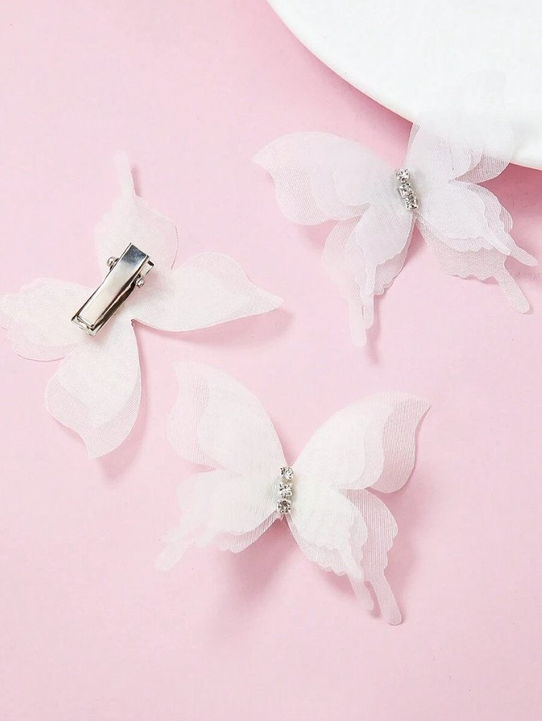 2 Piece Diamante Butterfly Hair Clips White