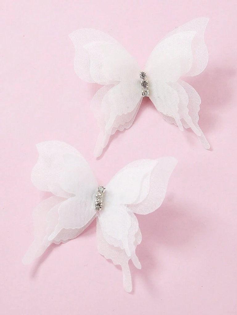 2 Piece Diamante Butterfly Hair Clips White