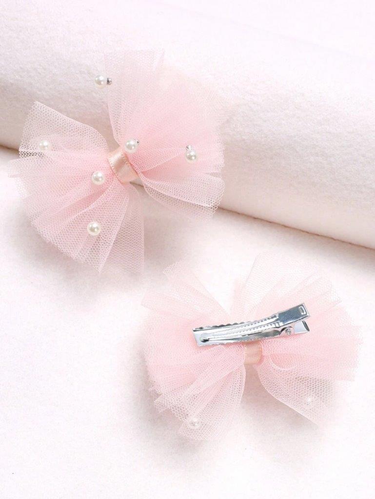 2 Piece Pink Mesh Pearl Hair Clips