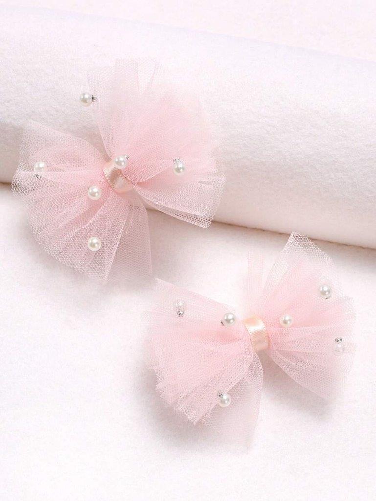 2 Piece Pink Mesh Pearl Hair Clips