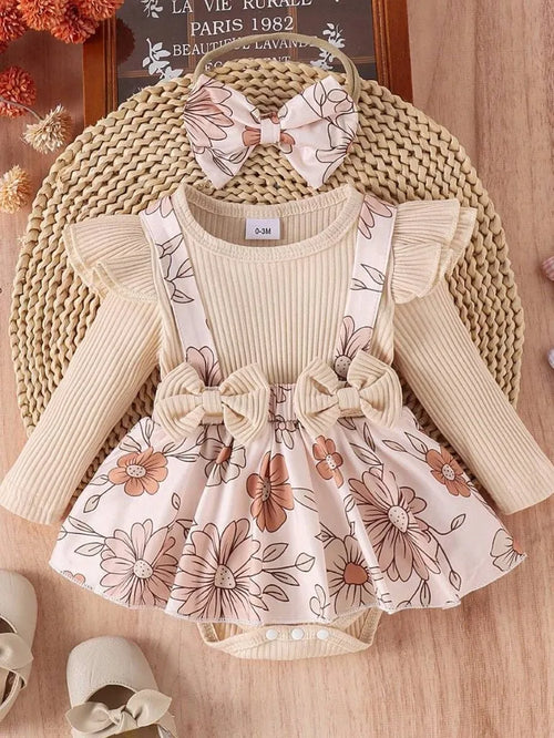 Baby Double Bow Flower Pattern Bodysuit dress Set Apricot