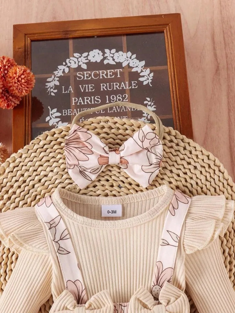 Baby Double Bow Flower Pattern Bodysuit dress Set Apricot