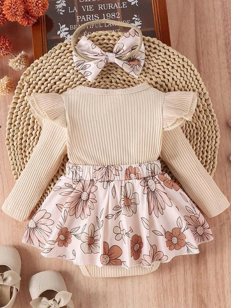 Baby Double Bow Flower Pattern Bodysuit dress Set Apricot