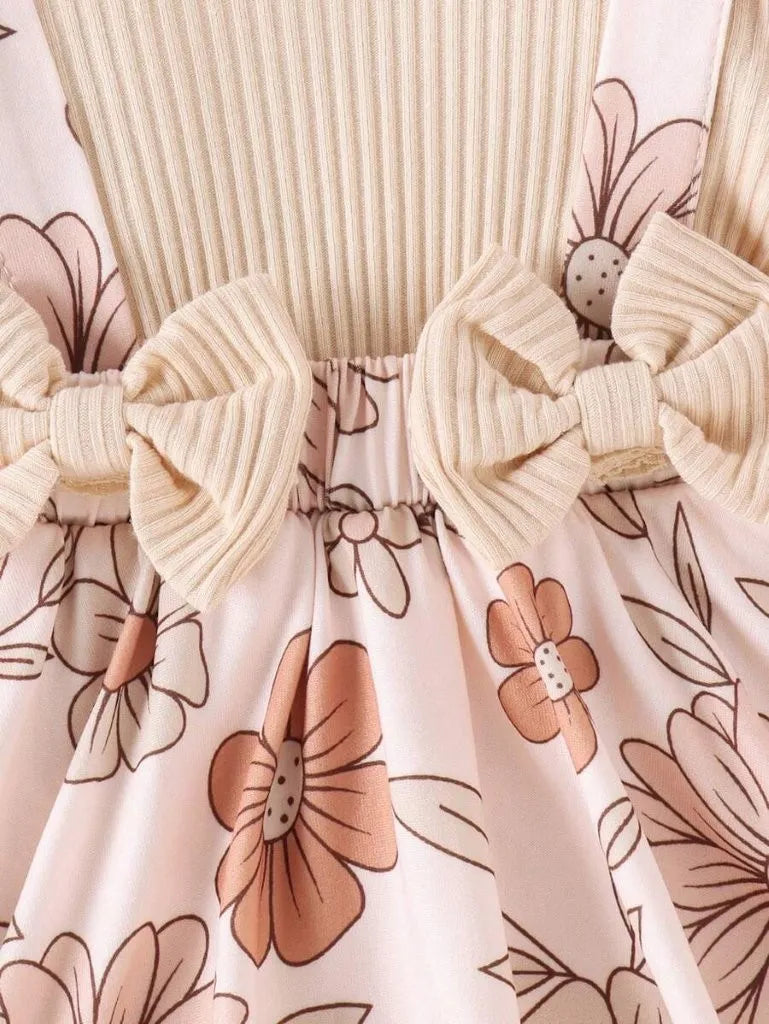 Baby Double Bow Flower Pattern Bodysuit dress Set Apricot