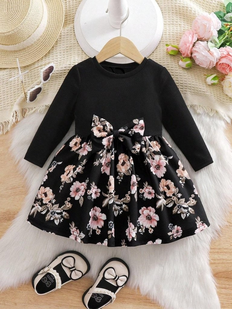 Baby Floral Pattern Bow Black Dress