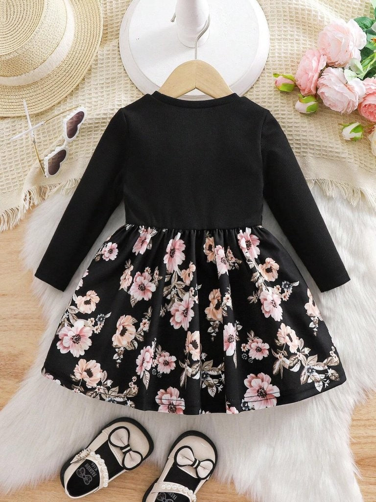 Baby Floral Pattern Bow Black Dress