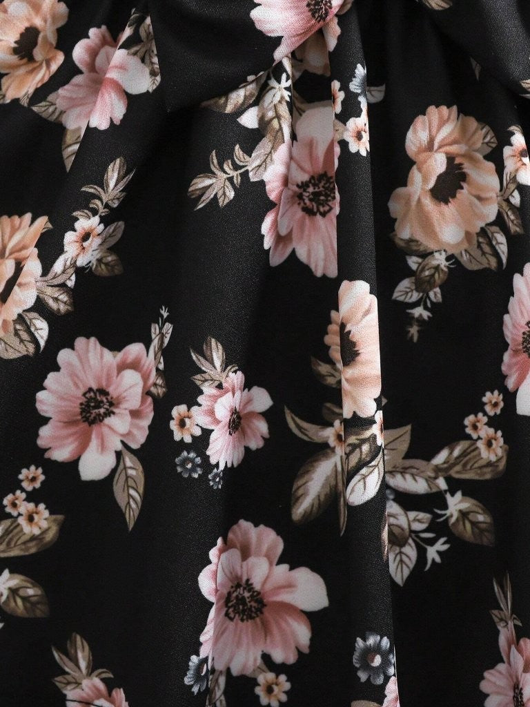 Baby Floral Pattern Bow Black Dress