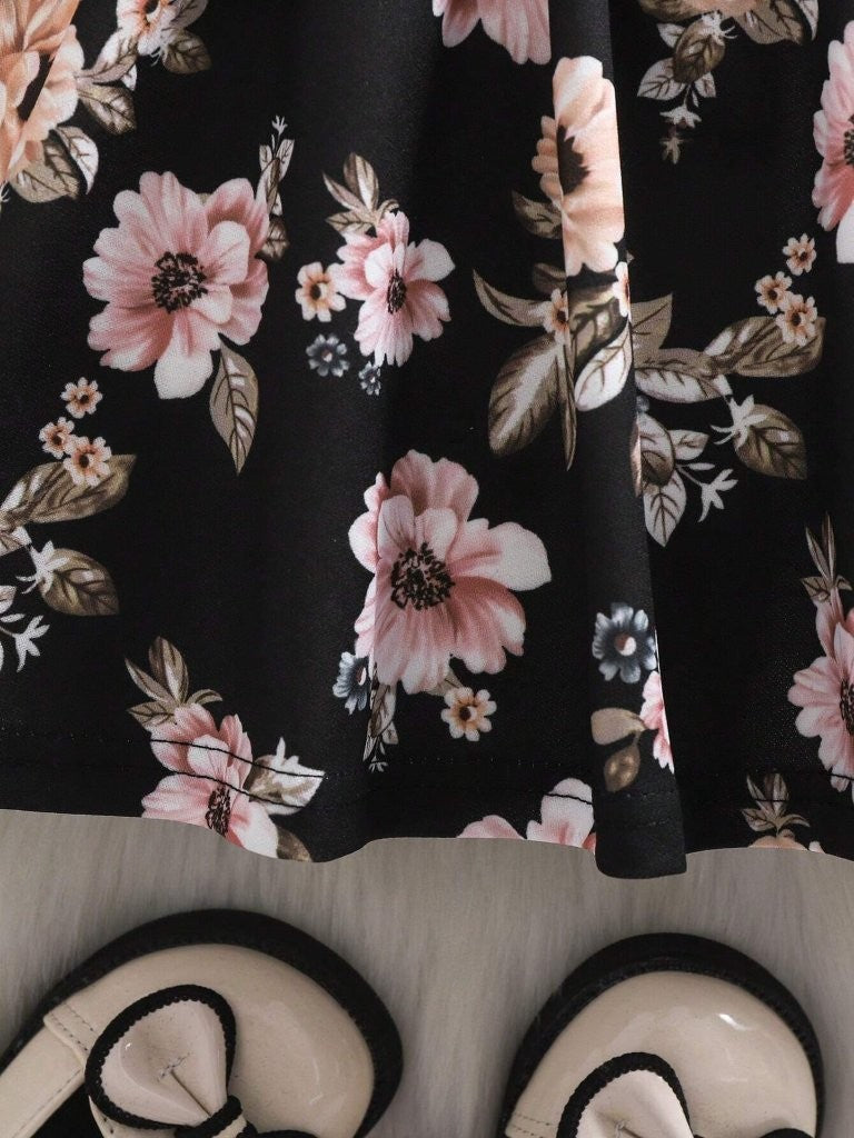 Baby Floral Pattern Bow Black Dress