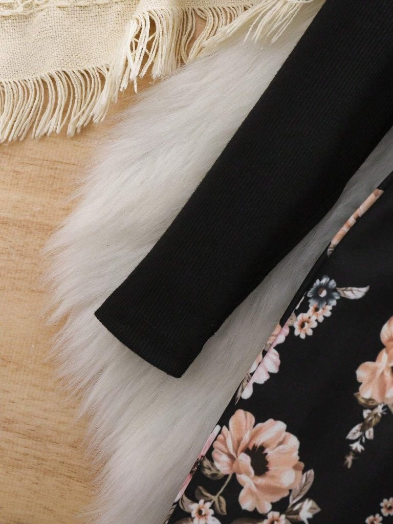 Baby Floral Pattern Bow Black Dress