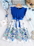 Toddler Girls Blue Flower Belted Dress