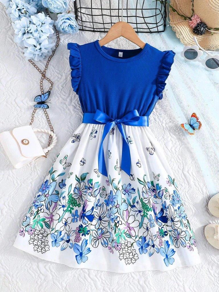 Toddler Girls Blue Flower Belted Dress