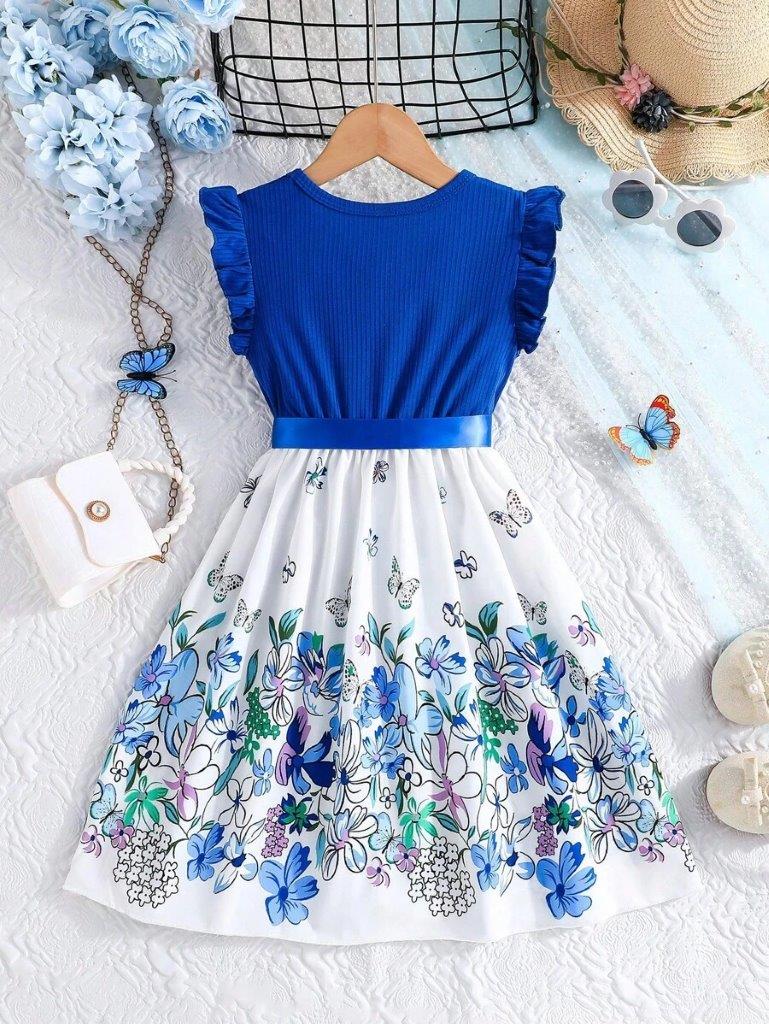 Toddler Girls Blue Flower Belted Dress