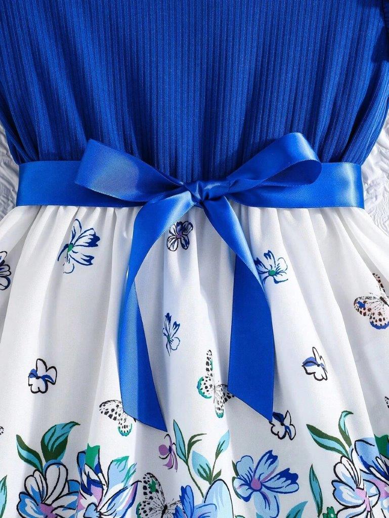 Toddler Girls Blue Flower Belted Dress