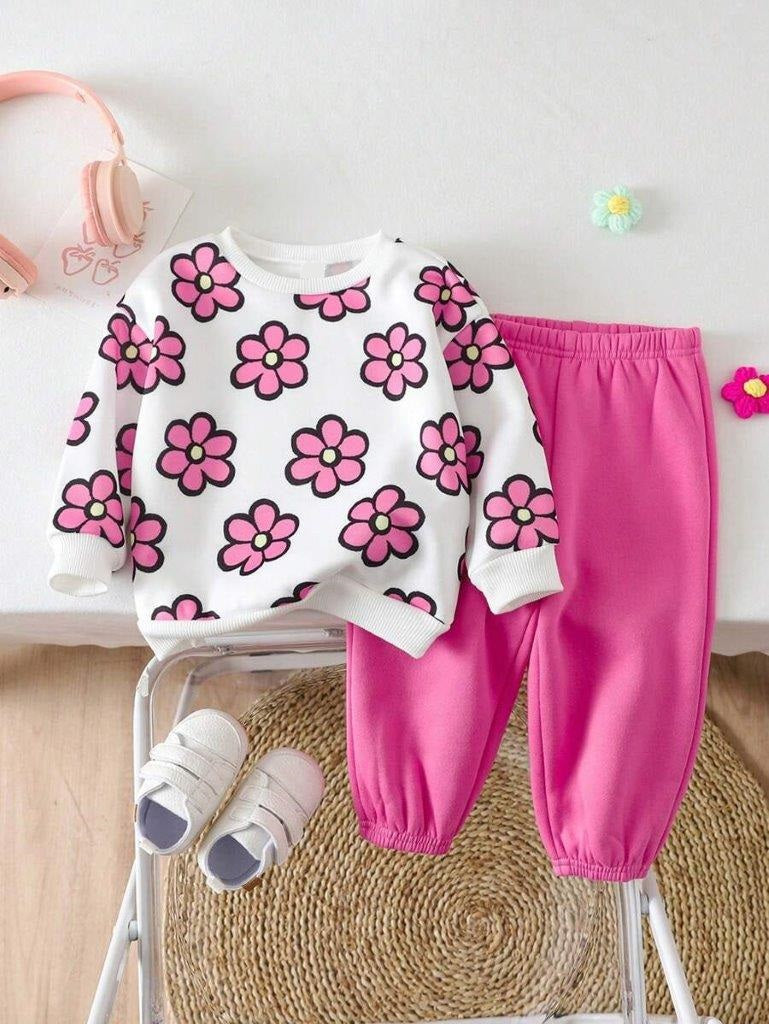 Baby Flower Print Pullover And Pants Set Pink