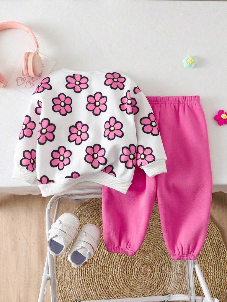 Baby Flower Print Pullover And Pants Set Pink