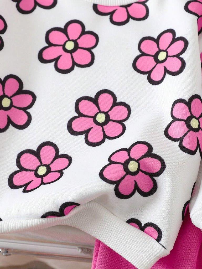 Baby Flower Print Pullover And Pants Set Pink