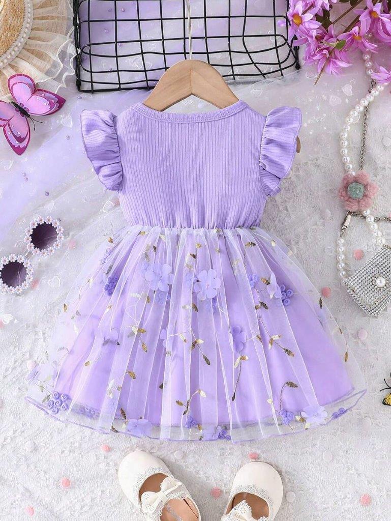 Baby Purple 3D Short Sleeve Flower Dress
