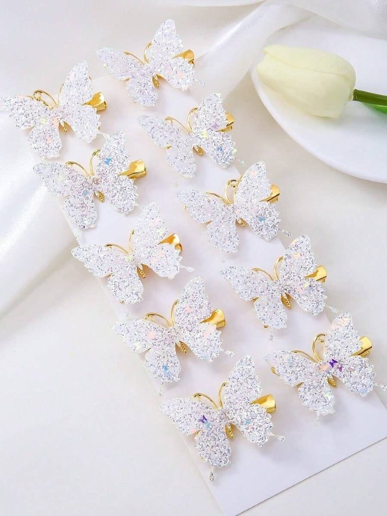 2 Piece Rhinestone Butterfly Hair Clips White