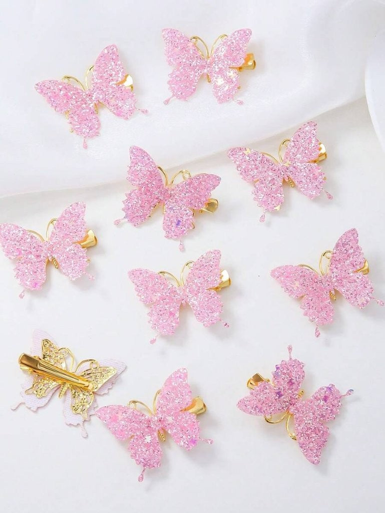 2 Piece Rhinestone Butterfly Hair Clips Pink