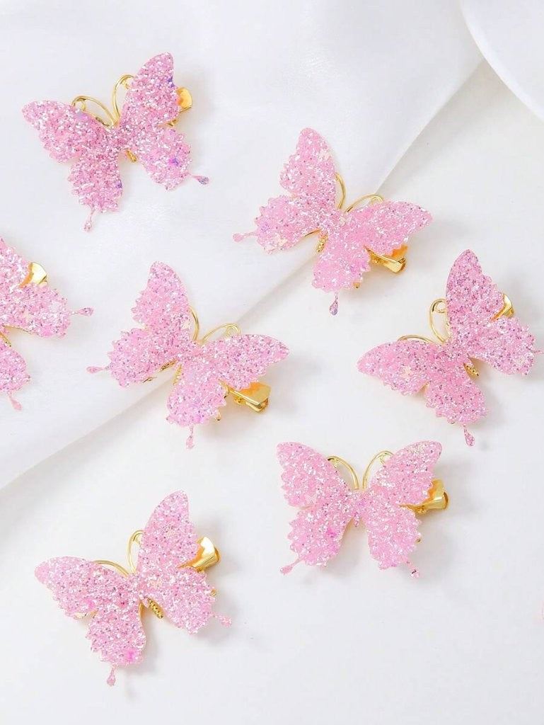 2 Piece Rhinestone Butterfly Hair Clips Pink