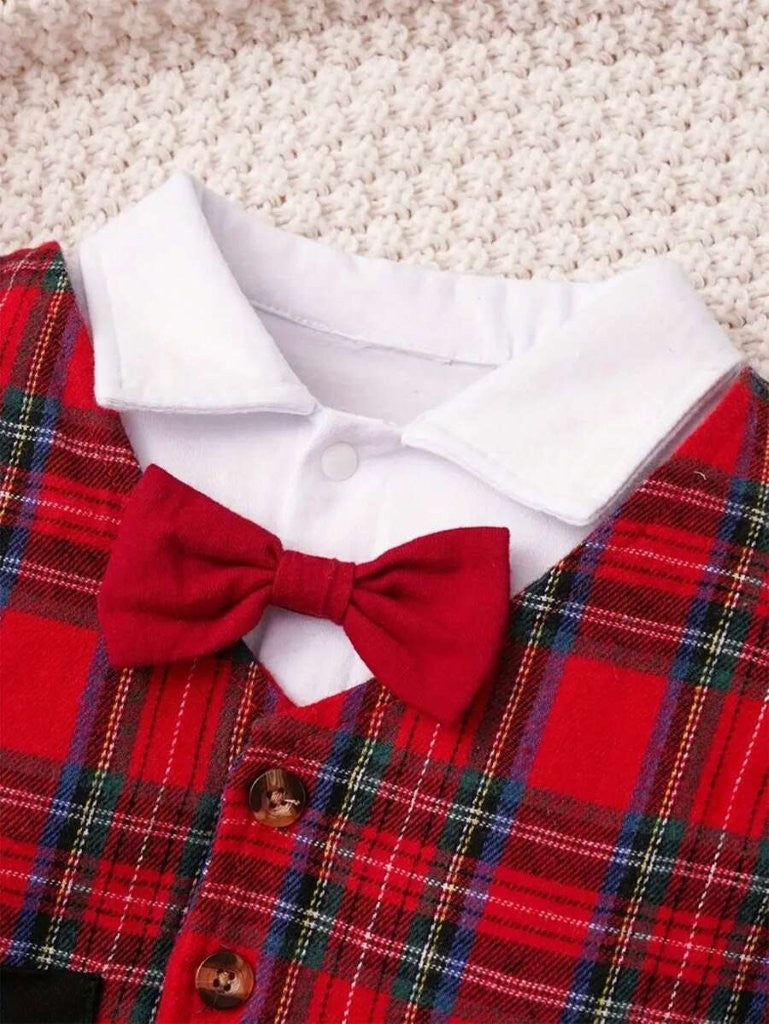 Baby Red Plaid Bow Tie Christmas Jumpsuit