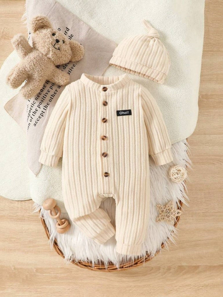 Baby Apricot Stripe Fleece Jumpsuit With Beanie