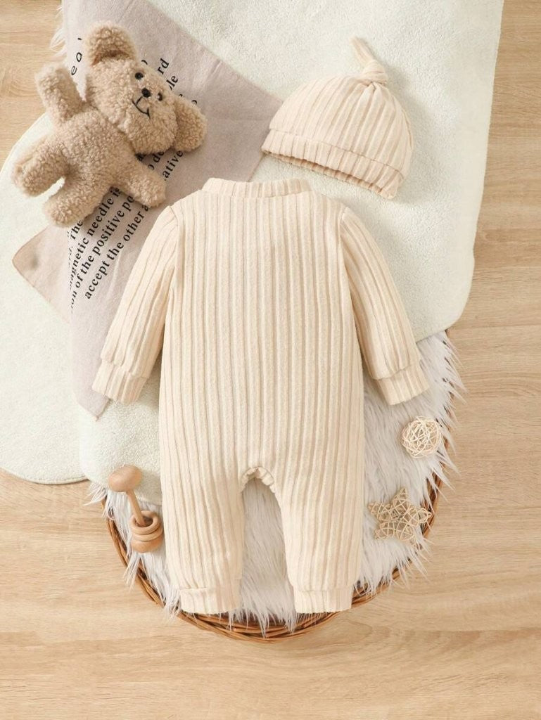 Baby Apricot Stripe Fleece Jumpsuit With Beanie