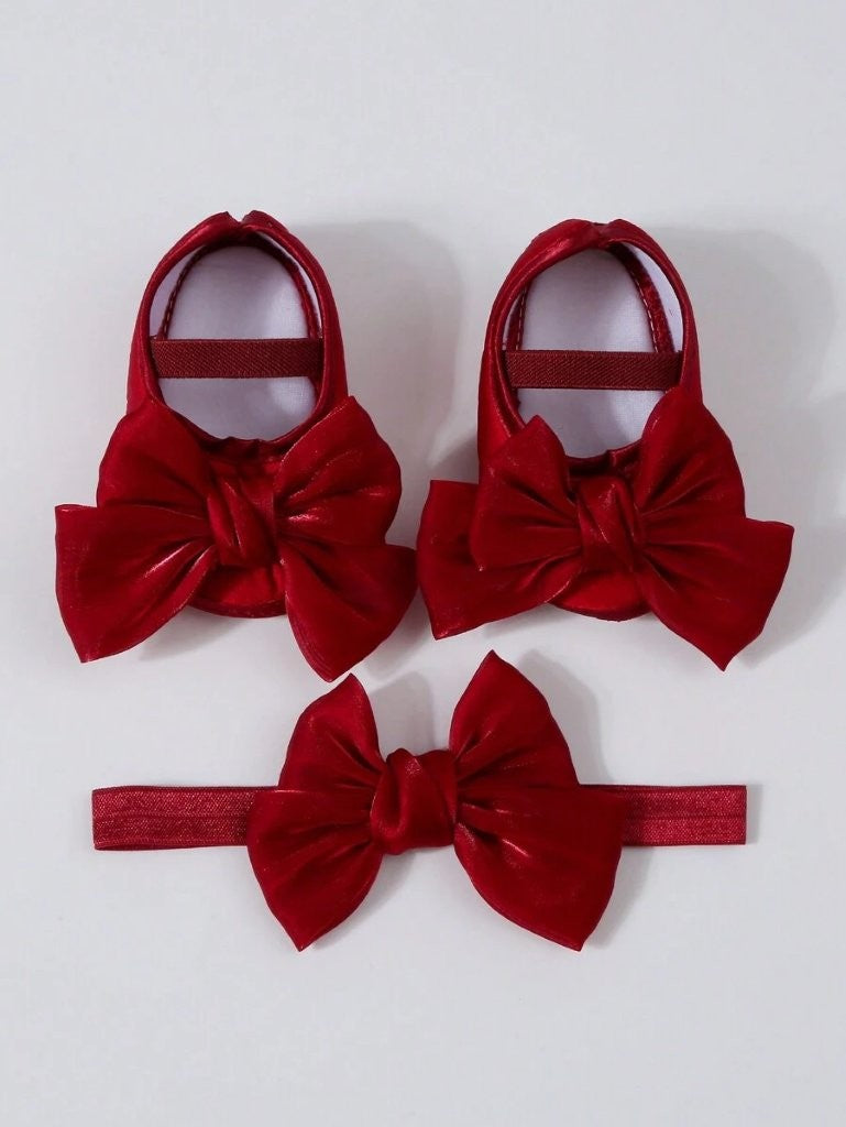 Baby Soft Cute Bow Flats With Headband Burgundy
