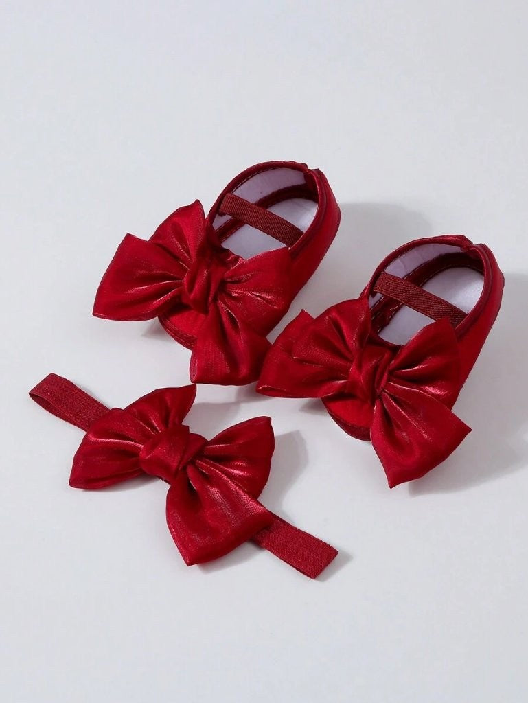 Baby Soft Cute Bow Flats With Headband Burgundy
