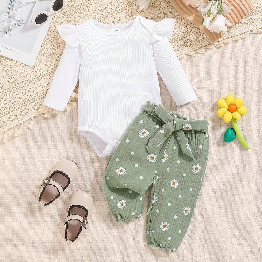 Baby White Bodysuit With Daisy Pants Set Green