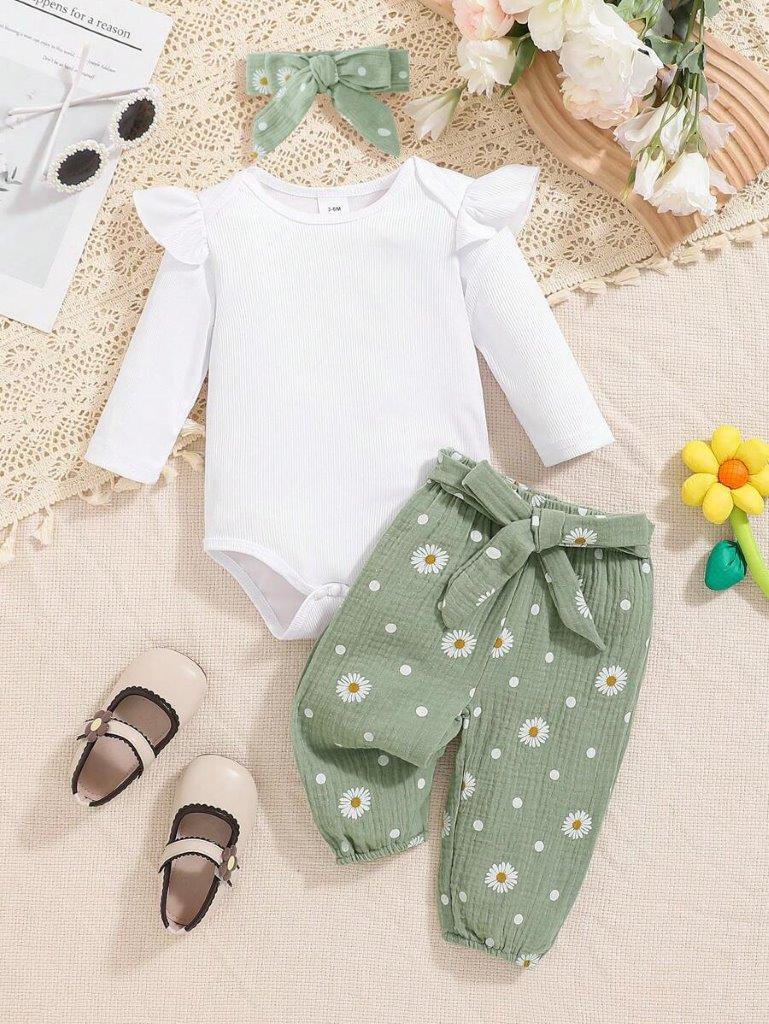Baby White Bodysuit With Daisy Pants Set Green