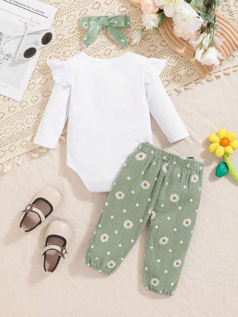 Baby White Bodysuit With Daisy Pants Set Green