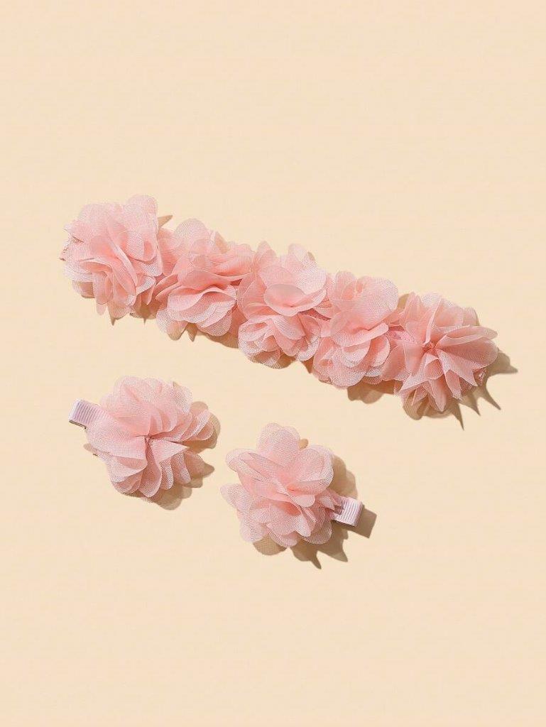 Baby Flower Headband With Clips Set Pink