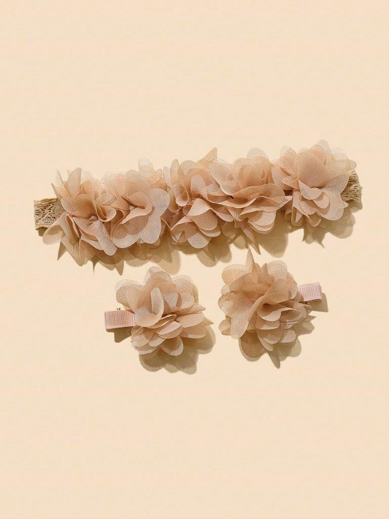Baby Flower Headband With Clips Set Camel