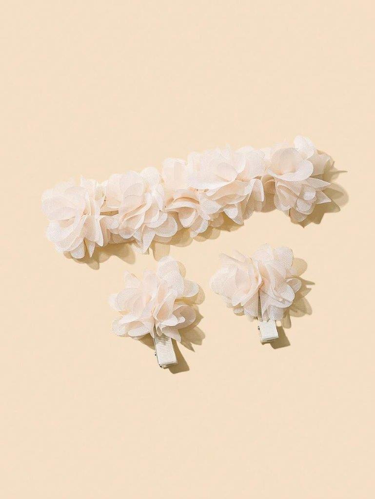 Baby Flower Headband With Clips Set Beige