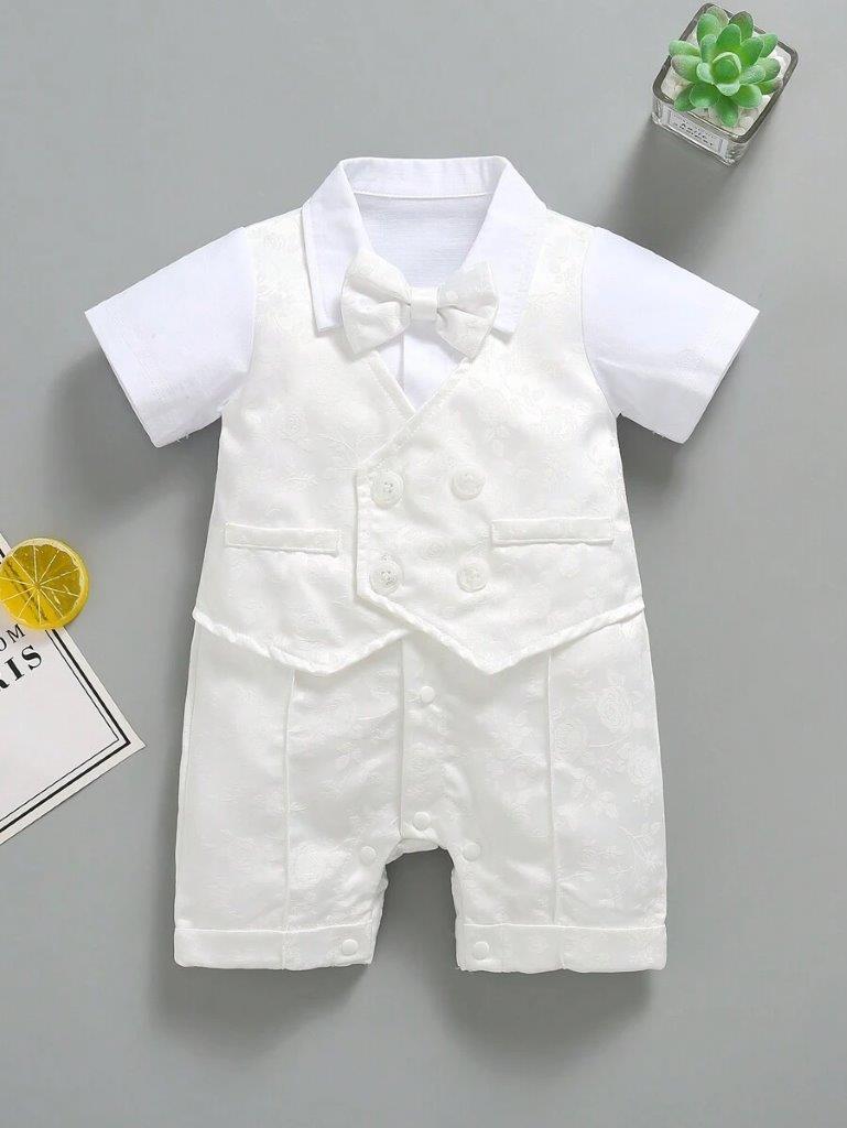 Baby White Silky Baptism Bow Tie Gentleman Romper