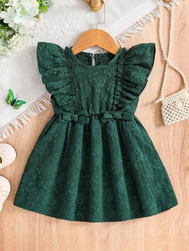 Baby Double Bow Frilled Sleeve Dress Dark Green