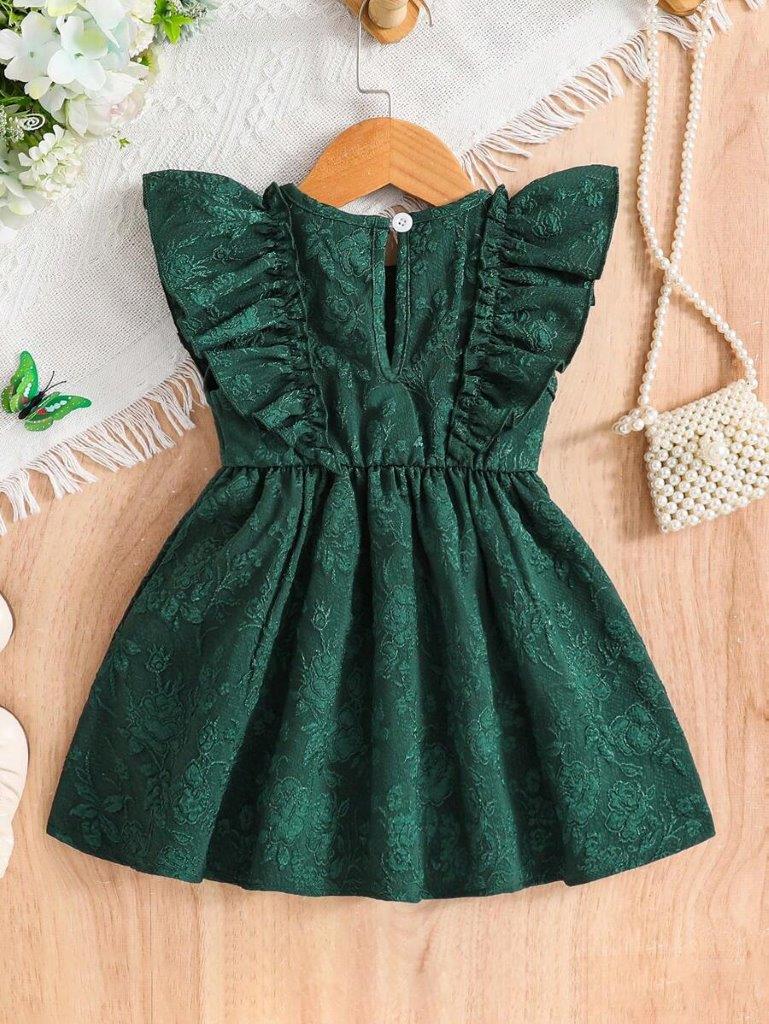 Baby Double Bow Frilled Sleeve Dress Dark Green