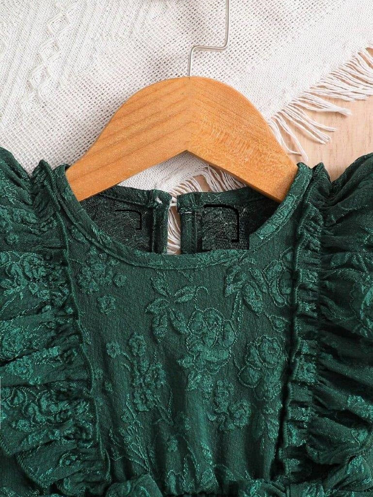 Baby Double Bow Frilled Sleeve Dress Dark Green