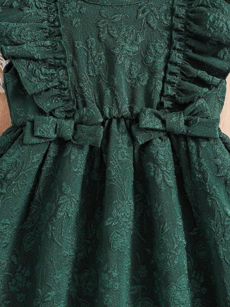 Baby Double Bow Frilled Sleeve Dress Dark Green