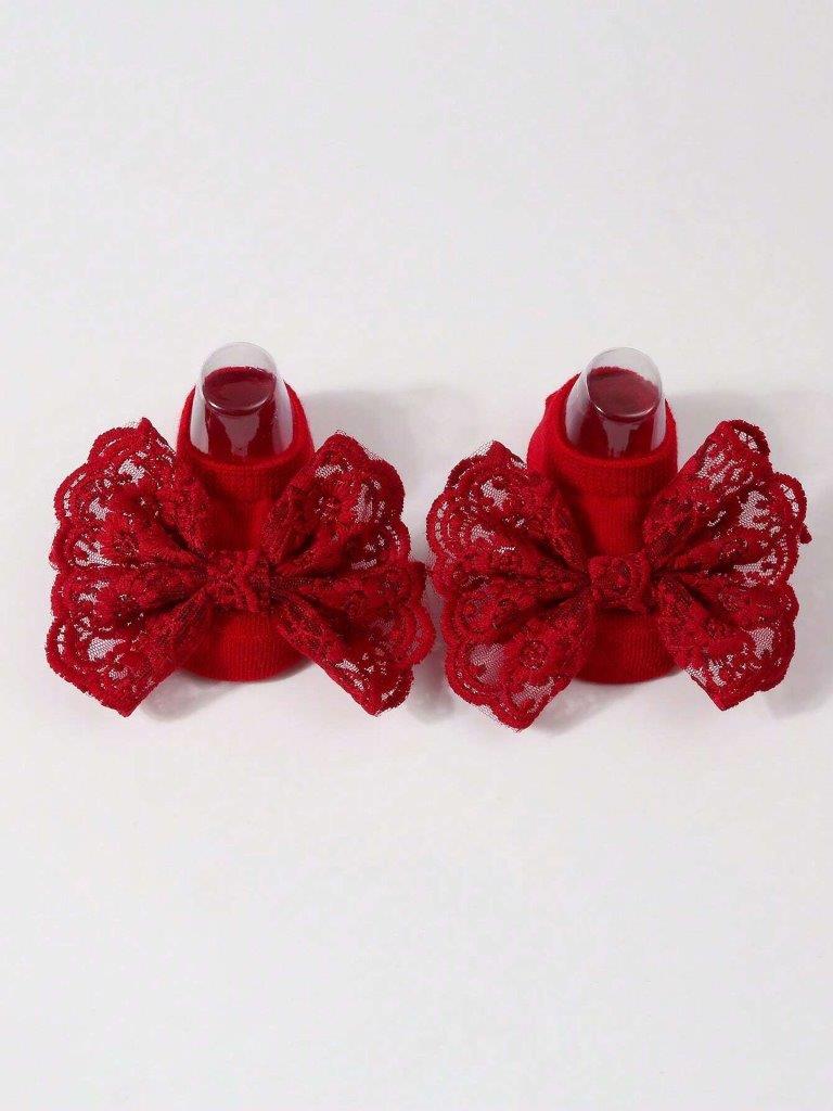 Baby Lace Decor Socks With Headband Burgundy