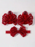 Baby Lace Decor Socks With Headband Burgundy