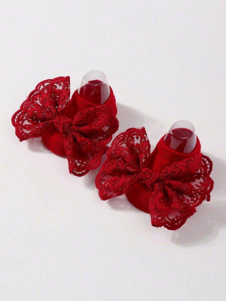 Baby Lace Decor Socks With Headband Burgundy