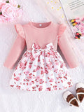 Baby Floral Print Long Sleeve Front Bow Dress