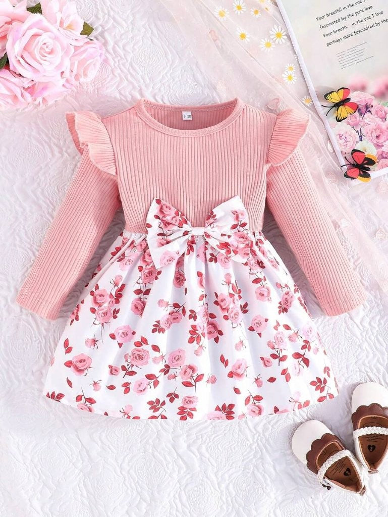 Baby Floral Print Long Sleeve Front Bow Dress