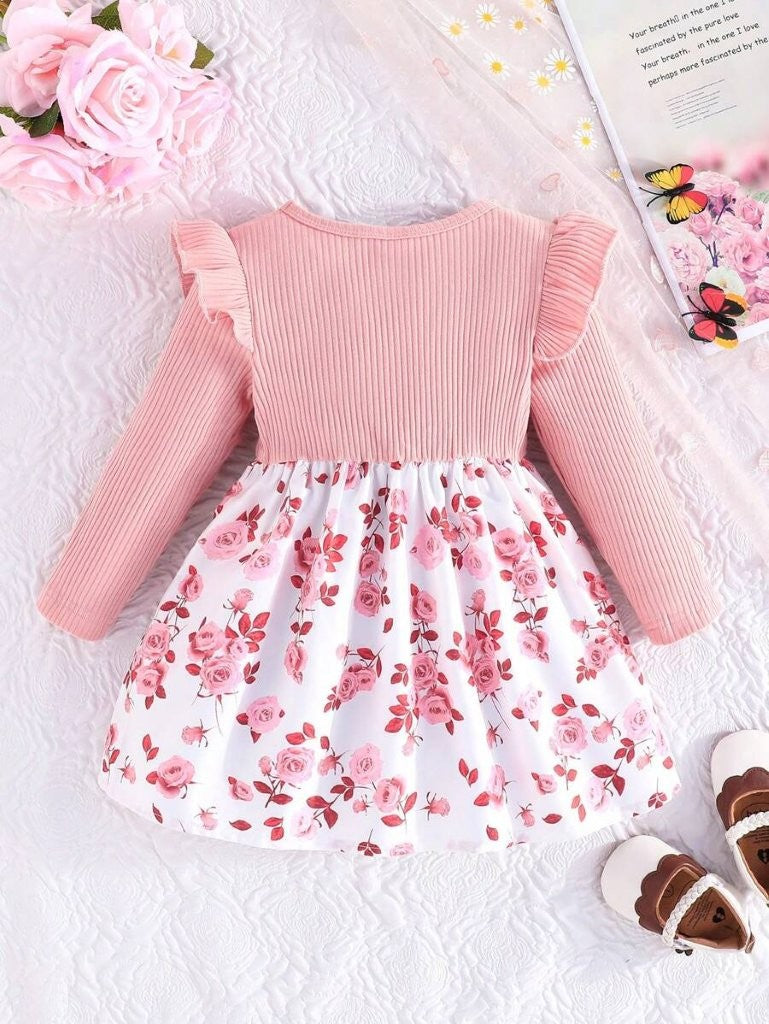 Baby Floral Print Long Sleeve Front Bow Dress