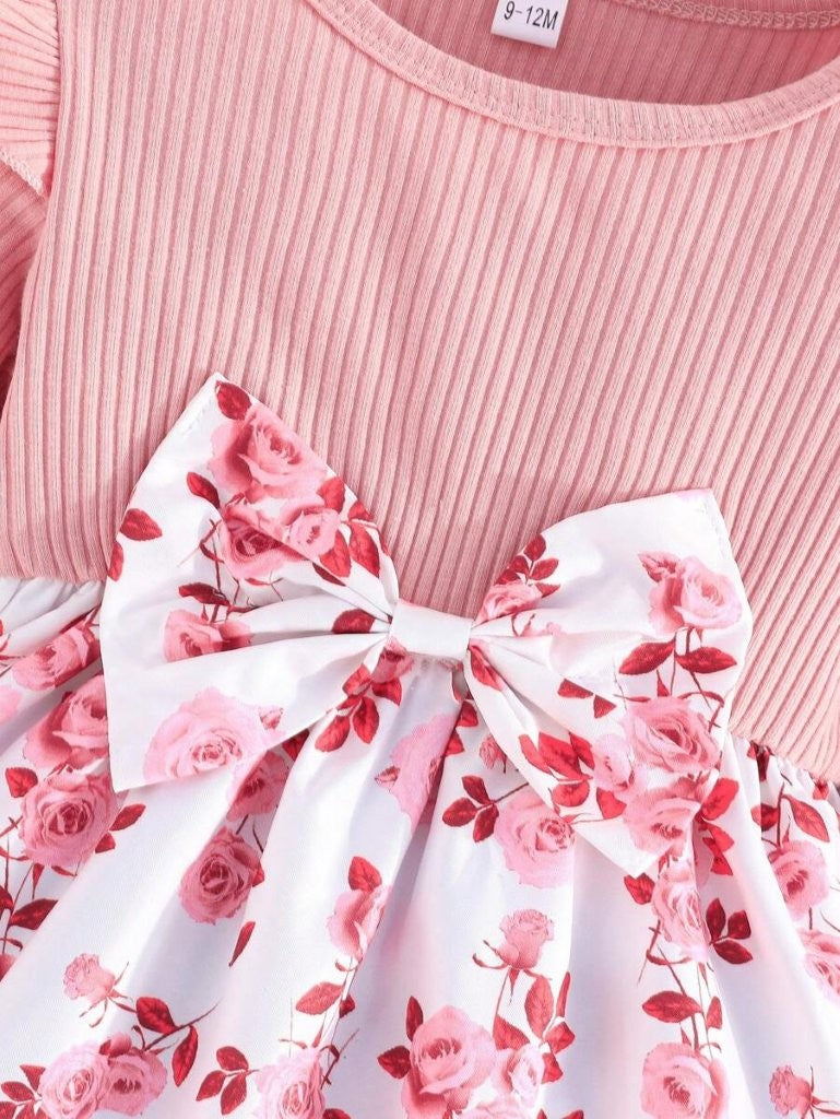 Baby Floral Print Long Sleeve Front Bow Dress