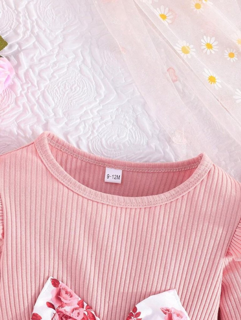 Baby Floral Print Long Sleeve Front Bow Dress