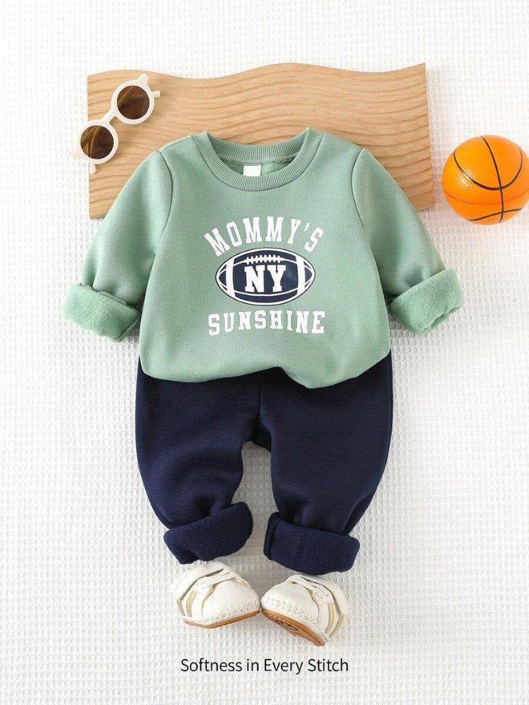 Baby Green Letter Print Pullover And Pants Set