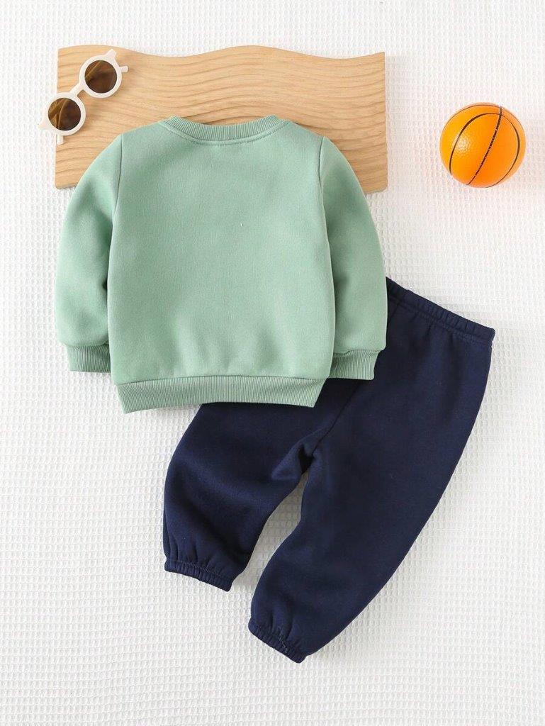 Baby Green Letter Print Pullover And Pants Set